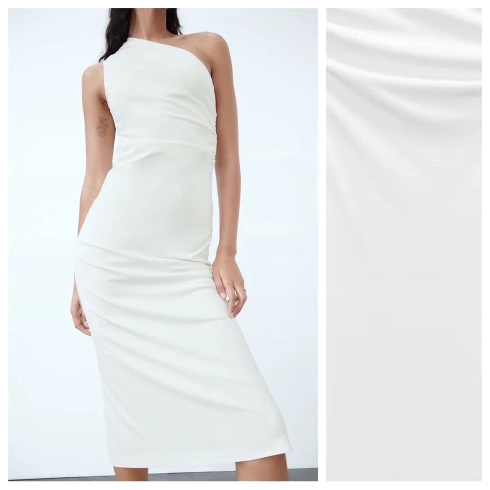 NWT. Zara White Knit Fabric Midi Dress with Asymmetric Neckline. Size XL - Picture 2 of 10
